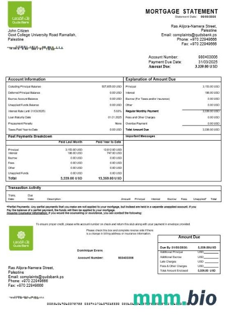 Palestyna Quds Bank wyciąg z kredytu hipotecznego w formatach Word i PDF